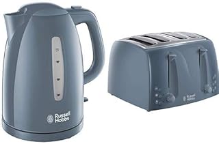 Russell Hobbs 21274 Textures Kettle, Plastic, 3000 W, 1.7 Litres, Grey with Hobbs 21644 Textures Toaster, Plastic, 850 W, Grey