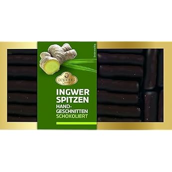 L hders Ginger Tips - 125 g - Candied Ginger Wrapped in Finest Bitter Chocolate - Elegant Candy & Gift Idea
