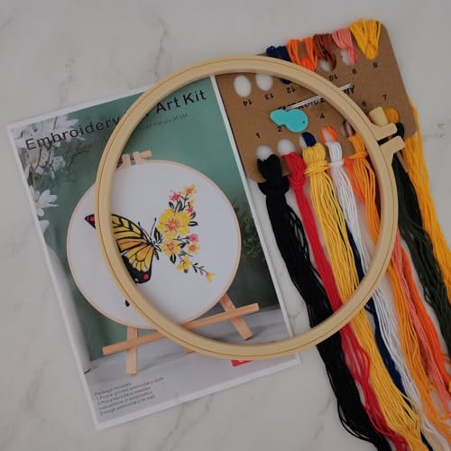 Image of Esffaci Embroidery Starter Kit for Adult Beginner with Butterfly Flower Pattern Hand Embroidery Set with Cloth Hoop Needle Threader Floss and Instruction