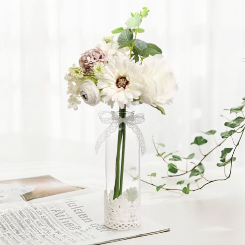 Uguisu Arificial Flowers with Lace Glass Vase, Single Flower in vase, Faux Flowers in Vase offee Table Decor, Flowerfake Flowers with pots Fake Flowers in Glass(White)