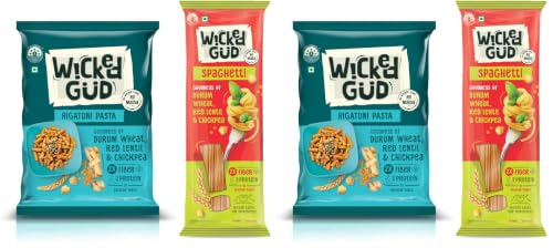 Image of WickedGud 2X Fiber Rigatoni & Spaghetti Pasta Combo | No Maida | Durum Wheat Semolina | Brown Rice | Red Lentils | Healthy Diet Pasta - 400gm x 2 (Pack of 2)