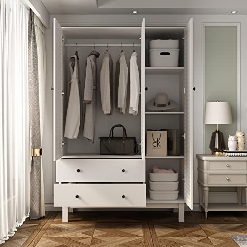 Hitow Wardrobe Armoire With 3 Louvered Doors, Large Freestanding Wardrobe Cabinet Closet With 2 Drawers & Hanging Rod, Bedroom Armoire Cabinet Clothes Organizer, White Type B (48" W X 20.2" D X 71" H) #TOP2