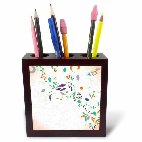 3dRose Boho Chic Modern Swirl Floral and Foliage Decorative Flower Vector Art 5 inch tile pen holder
