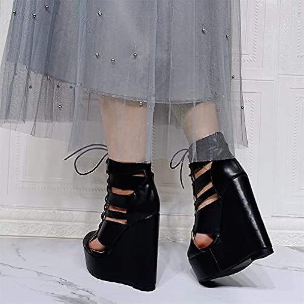 Höga klackar sexiga 36-52 spetsfest stor storlek 15 cm kil sandaler, svart-44 Happy house