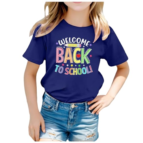 Image of Children's Back to School Cute Graphic Print Crew Neck Short Sleeve T-Shirt Summer Casual T-Shirt Tops, navy, 3-4 Years
