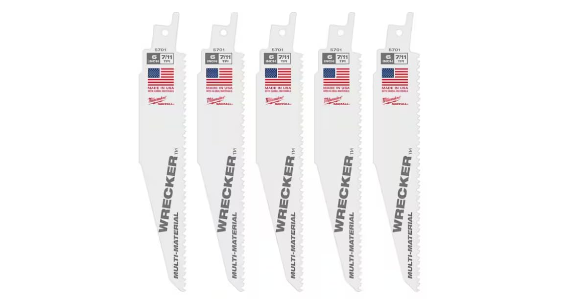 Milwaukee 48-00-5701 Super Sawzall Blade 8 Teeth per Inch 6-Inch Length, Wrecker , 5 Pack