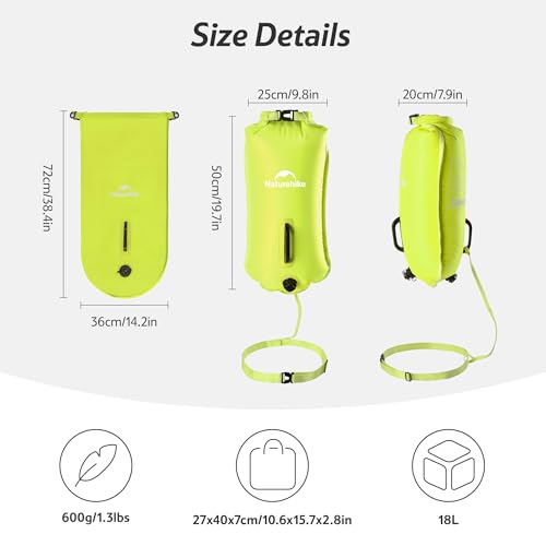 Naturehike Boja do pływania, 18 l, dwie poduszki powietrzne, worek do pływania, worek na sucho, wodoszczelna torba plażowa z regulowanym pasem biodrowym, dla pływaków, na plażę nadmorską, Żółty/18 l