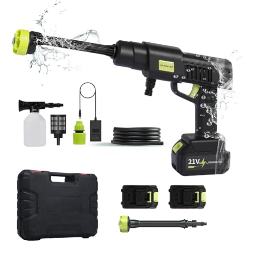 Hancaner Nettoyeur Haute Pression à Batterie, 35 Bar, écran LED, avec 6 en 1 Multi-buse de pulvérisation, 2 * 3.0 Ah Batterie et Chargeur 5M Tuyau pour Voiture, Maison, pelouse, Jardin, clôture