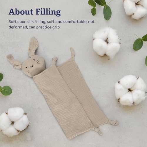 Image of Khaki Bunny Organic Cotton Muslin Lovey Security Blanket for Newborns | Soft & Breathable, Baby Gift for Boys & Girls, Self-Soothing Support, Teething Comfort