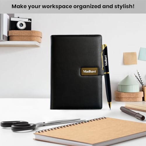 Image of Giftana Personalized Notebook Diary with Pen Gift Set for Men and Women, 2 in 1 Customized Office Diaries A5 Size Notebook, Diwali Gifts, Personalised New Year Corporate Gifts for Employees (Black Golden)
