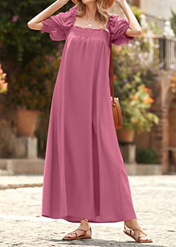 KIRUNDO Women 2026 Summer Maxi Dress Casual Loose Puff Sleeve Square Neck Maternity Flowy Long Beach Dresses with Pockets(Rose Pink, XX-Large) — view 4