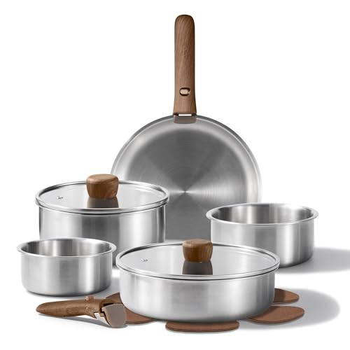 Comparison: Best Wearever Stainless Steel Pots And Pans 8 CAROTE 13pcs Tri-Ply Stainless Steel Cookware Set with Detachable Handle, Pots and Pans Set, Induction Kitchen Cooking Sets, RV/Camping Cookware, Oven Safe, Woodgrain Style