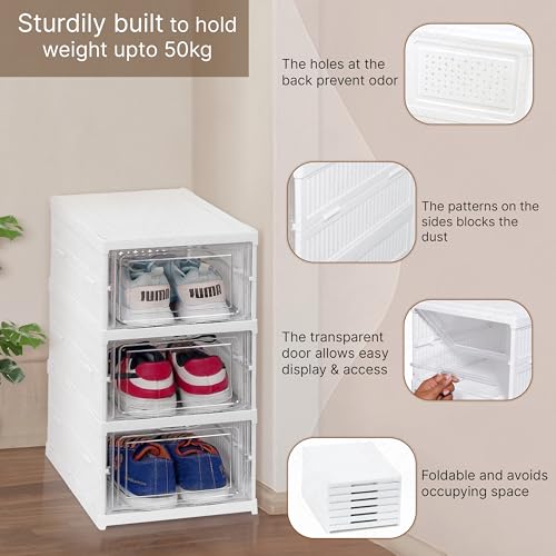 Image of ABOUT SPACE 3 Layer Plastic Shoe Rack |Foldable Shoe Organizer Storage Box|Collapsible Shoe Rack for Sneakers, Boots|Multipurpose Cabinet Organizer for Shoe, Slippers,Books (White 25.5 x 34.5 x 53 cm)