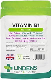 Lindens Vitamin B1 Thiamine Tablets - 100 Pack - for Heart, Immune and Psychological Function & Energy Release - UK Manufacturer, Letterbox Friendly