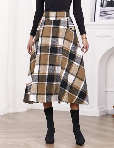 IDEALSANXUN Women’s Fall Winter High Waisted Wool Plaid A-line Long Skirt2