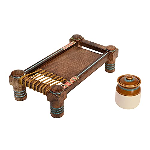 Image of AAKRITI ART CREATIONS Chatore Barni Set of 2 on Ethnic Charpai Stand | Ceramic Achar ki Barni & Mukhwas Box | Handcrafted Modern Art Storage Jar for Spice & Pickle