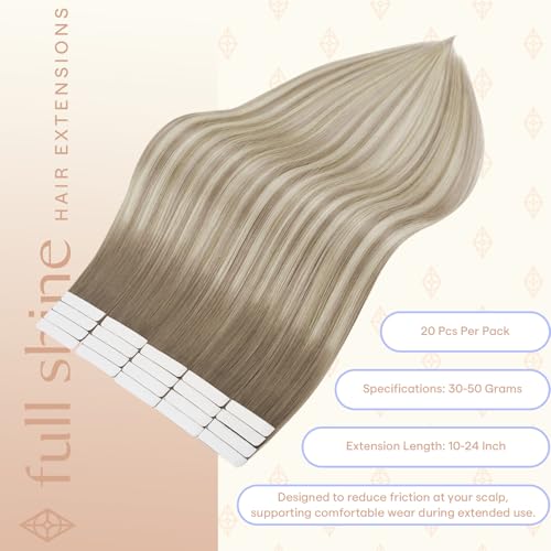 Image of Full Shine Human Hair Extensions Tape in, Ash Brown Platinum Blonde 14 Inch | 50g 20PCS, Invisible Tape in Hair Extensions Human Hair, Straight Seamless Skin Weft Smooth Finish Daily Wear