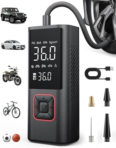 Close-up front view of the air compressor showing the digital display and body.