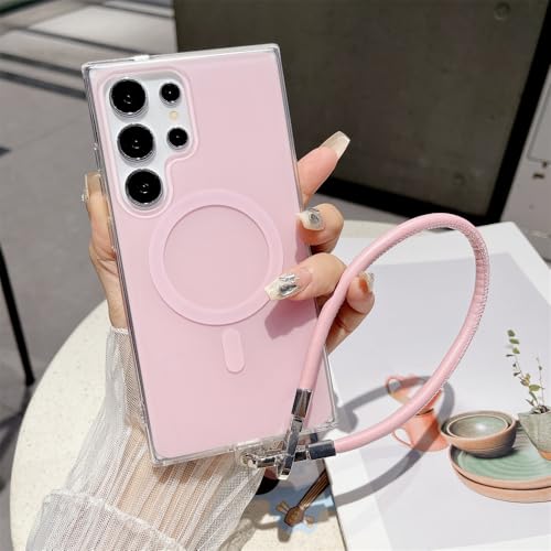 Coque Antichoc Rose Samsung S24 FE Anti Chute avec Poignée Dragonne Cuir S23
