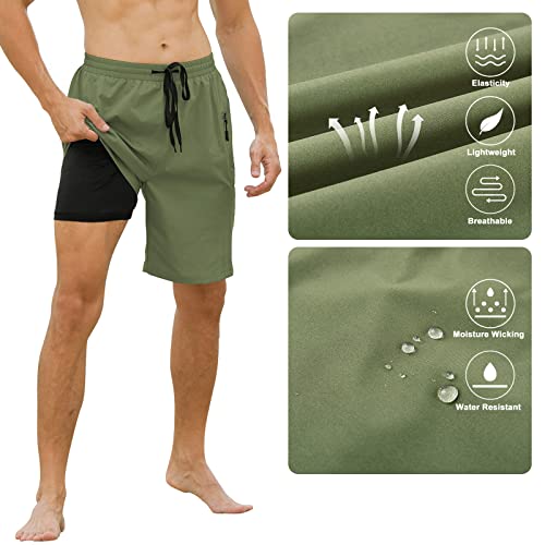 Cozople Mens Swimming Shorts With Compression Liner Slim Fit Swim Shorts Above Knee Length Bathing Suit Quick Dry Swimwear Beach Board Shorts With Side Zipper Pockets Army Green #TOP1
