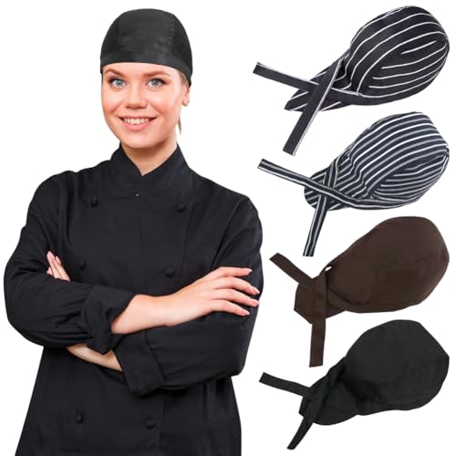4 Pack Tie Back Chef Hat for Women Men - Adjustable Cap, Bandana Skull Cap, Breathable Cooking Kitchen Hat