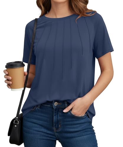 YSYOKOW Womens Tunic Tops Summer Casual Short Sleeve T-Shirts Crewneck Pleated Blouses Dressy Loose Fit Fashion Tops - Dark Blue, X-Large