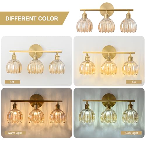 Image of Gold Bathroom Light Fixtures Over Mirror, 3 Light Bathroom Vanity Light with Tulip Amber Glass Lampshade, Vintage Vanity Lights for Bathroom, Bathroom Vanity Lights Over Mirror