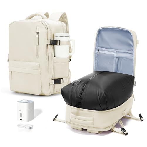VECAVE Vacuum Travel Backpack with Pump for Women,Airback Personal Item Carry on Backpacks Flight Approved 18x14x8 inches for Men,Laptop Waterproof Work Compression bags Casual Daypack. (Beige)