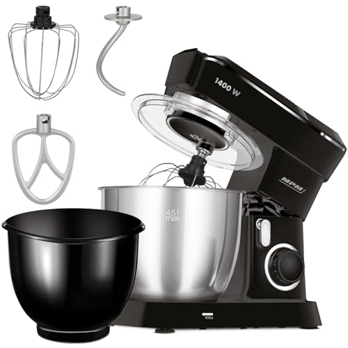 Robot de cocina planetaria MPM MRK-25 - Mezclador multifunción 4,5 L - Aparato de cocina versátil 1400 W - Dos cuencos - Tres látigos intercambiables