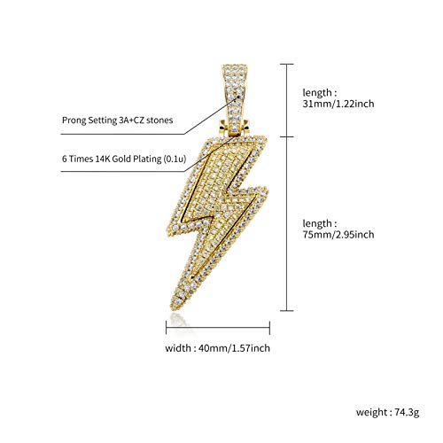 JINAO Hip Hop Large Gold Lightning Bolt Charm Pendant 18k Gold Plated Iced Out Cubic Zirconia Pendant Necklace with Micropave Simulated Diamond for Men Women (Gold Big)