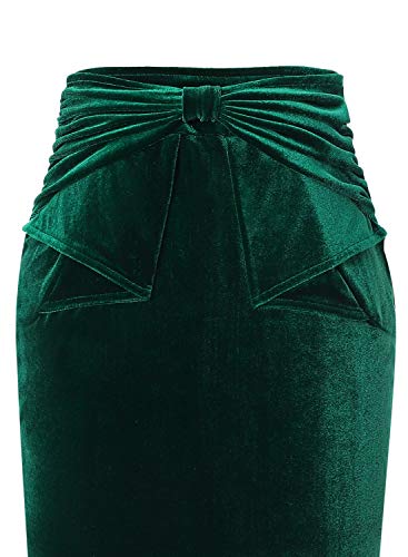 Vfshow Womens Green Velvet Pleated Bow High Waist Slim Work Office Business Party Bodycon Pencil Skirt 6849 Grn S #TOP5