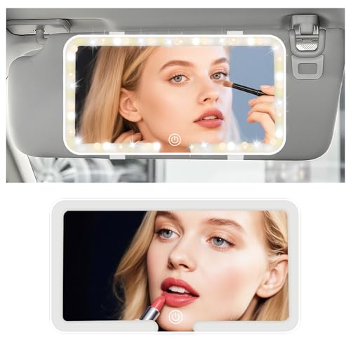 Rechargeable Car Vanity Mirror with Lights,50 LED Beads Car Mirror Vanity Adjustable 3 Color & Brightness,Touchable Cars Visor Mirrors with Light as Cars Accessories for Women (White)