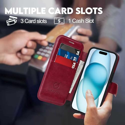 CIVICASE for iPhone 15 Wallet Case with Stand,PU Leather Flip Credit Card Holder Slots (RFID Blocking),Compatible with Magsafe Magnetic Holder Phone Cover Women Men, Wine Red by CIVICASE - Image 5