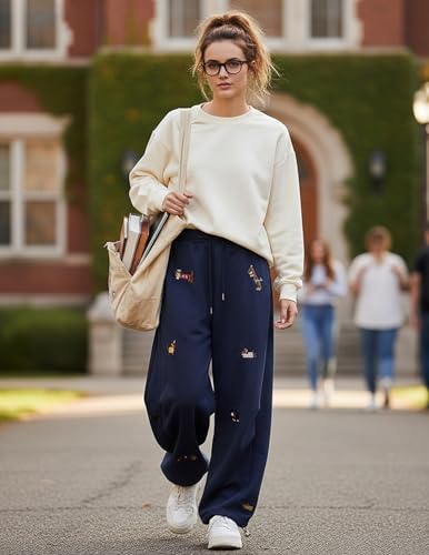 Vamtac Embroidery Puppy Baggy Sweatpants Wide Leg Pants Unisex Drawstring Casual Y2k Barrel with Pockets Dark Blue — view 3