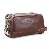 CONTACTS Toiletry Bag with Lock for Men Genuine Leather Travel Bag Shaving Dopp Kit Organizer Clutch with Handle and Double Combination Lock