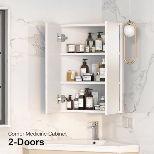 Mepplzian 45x60 Corner Bathroom Cabinets with Mirror,Bathroom Mirror Cabinet with Storage,2-Door Mirrored Bath room Cabinets Wall Mounted,White Corner Wall Cabinet - Image 4