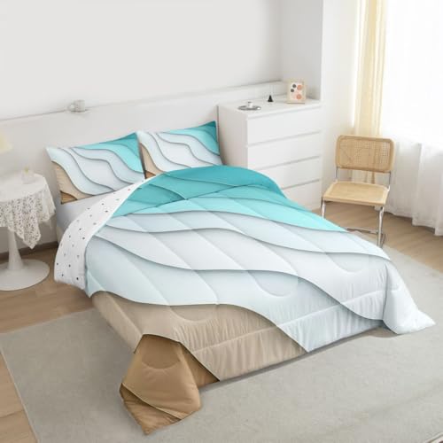 Feelyou Abstract Ombre Comforter Set Ocean Waves Bedding Set Decor Blue Sea and Beach Tropical Summer Contemporary Comforter Room Decor 3Pcs King Size - Image 2