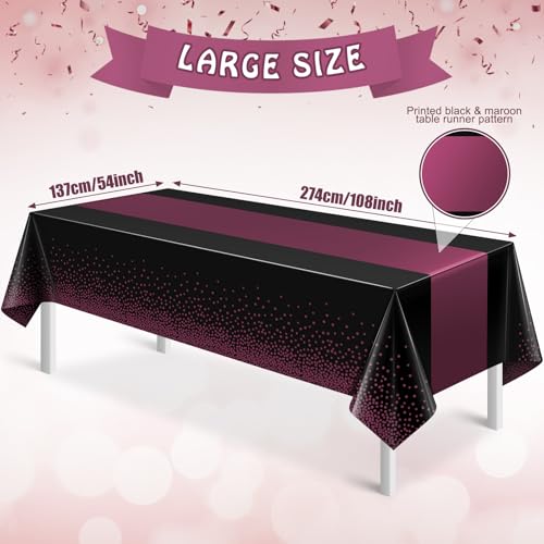 Image of 3Pcs Black and Maroon Purple Tablecloth Party Decorations,Plastic Black Table Cloth Printed Maroon Purple Table Runner Disposable Rectangle Table Cover for Birthday Wedding Graduation Party,54x108Inch