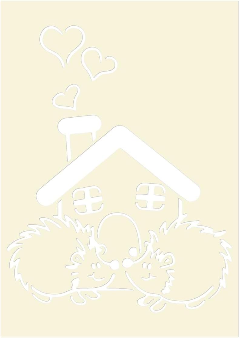 Azeeda 'Hedgehog Home' Reusable Stencil – Durable Decorative Template for Painting and Spraying on Walls, Tiles, Wood, Fabric & Craft Projects - XXL (A2) (WS00029557)