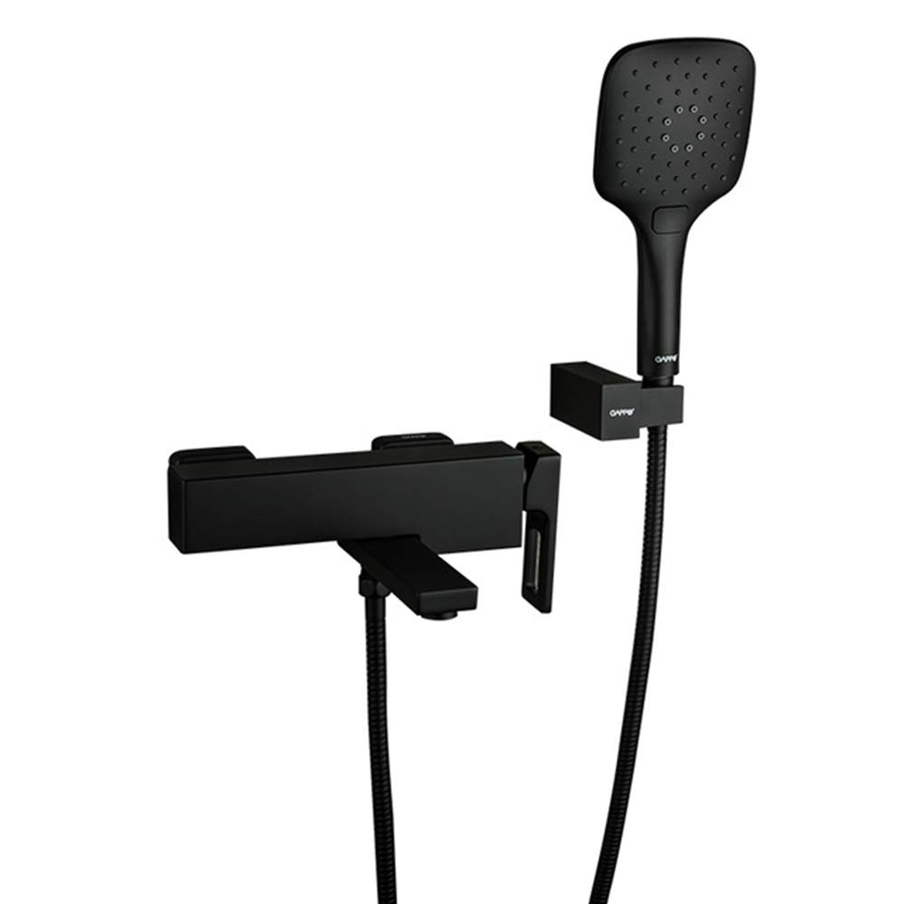 Grifo de bañera negro con ducha de lluvia y sistema mezclador empotrado para baño moderno