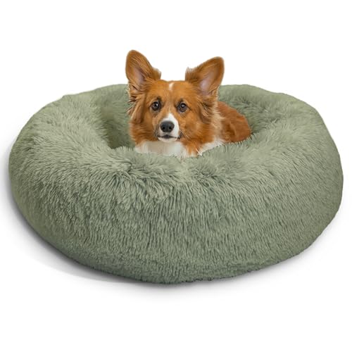 Best Friends by Sheri Original Calming Donut Dog and Cat Bed, Shag Faux Fur, Sage Green, Medium (30x30) - Helps Provide Anxiety Relief for Pets