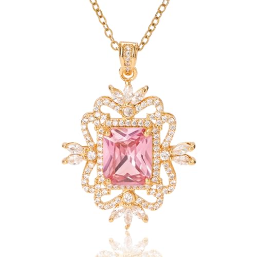 crataly Pink Square October Birthstone Rose Quartz Necklace for Women