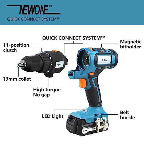 NEWONE 20V Cordless Combo Kit,5-Tool Tool Combo Kit with Case,Drill,Recip saw,Jig saw,Oscillating tool,Sander with Accessories,2.0Ah Lionthium Battery and Charger