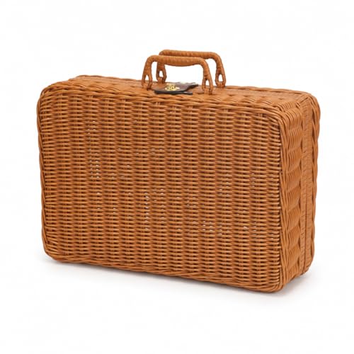 Wicker Picnic Basket, Decorative Prop Suitcase Vintage Storage Hamper Makeup Organizer, Metal Lock Rattan Storage Box with Handles for Sundries Travel Camping and Outdoor Party (Brown, XL)