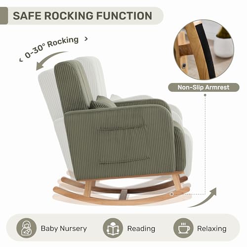 Image of HCHAIRH Rocking Chair with Ottoman, Upholstered Glider Rocker with High Backrest and Side Pocket, Corduroy Comfy Reading Chair with Solid Wood Legs for Nursery, Living Room,Bedroom Olive Green