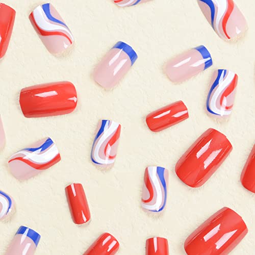 4Th Of July Press On Nails Short Square Glossy Fake Nails Independence Day Glue On Nails Red Blue White French Tips Nails Patriotic Design Fourth Of July False Nails Coffin Full Cover Stick On Nails 24Pcs #TOP6