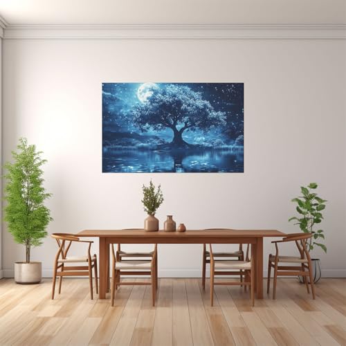 Impression sur toile arbre et lune bleu déco murale intissée - 2