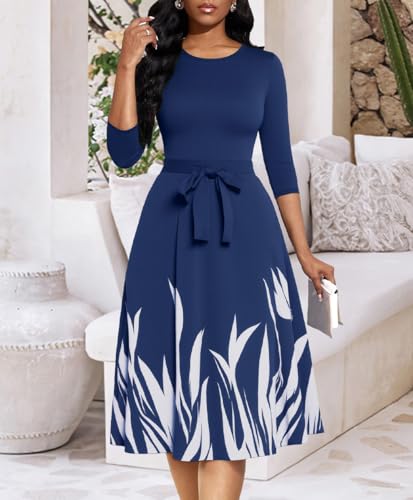 Image of Casual Dresses for Women Midi Church A-Line Fit and Flare Dress Crewneck 3 /4 Sleeve Party Dress