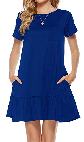Berydress Women s Casual Summer Short Sleeve Loose Fit Babydoll Tunic Tops Solid Cotton Tshirt Dresses with Pockets (L, 6148-Royal Blue)