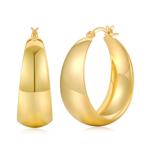 Image of GAUEIOUR Gold Thick Hoop Earrings for Women,Fashion wide Curved U-Shaped Ear Buckle, Simple Metal Glossy Personalized Ear Ring Earrings, Trendy Women's Exaggerated Thin Sheet Texture Earring